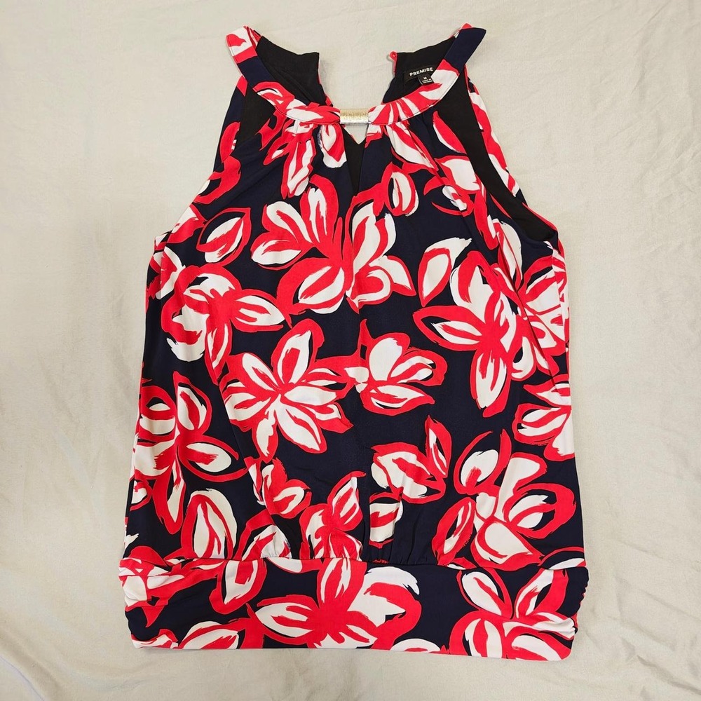Premise Women Red Floral Halter Blouson Dress Size M Navy Blue White Summer